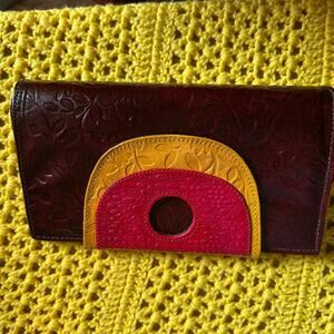 Artisan Aarong Embossed Leather Clutch Colorblock Mod Boho Fair Trade Bag